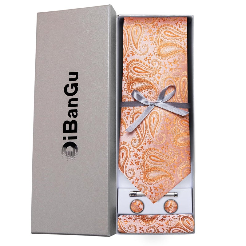 DiBanGu Paisley Ties for Men Silk Necktie and Pocket Square Cufflinks Tie Clip Set Woven Classic Mens Tie for Wedding Party, Coral Orange - Image 3